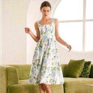 RIHOAS The White Square Neck Floral A-Line Midi Dress M